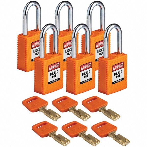Lockout Padlock: Keyed Different, Key Retaining, Nylon, Steel Shackle, Orange