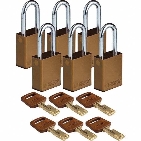 Lockout Padlock: Keyed Alike, Aluminum, 0.8" High, Steel Shackle, Brown