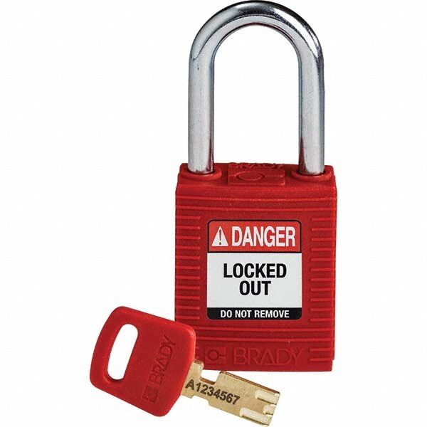 Lockout Padlock: Keyed Different, Key Retaining, Nylon, Steel Shackle, Red