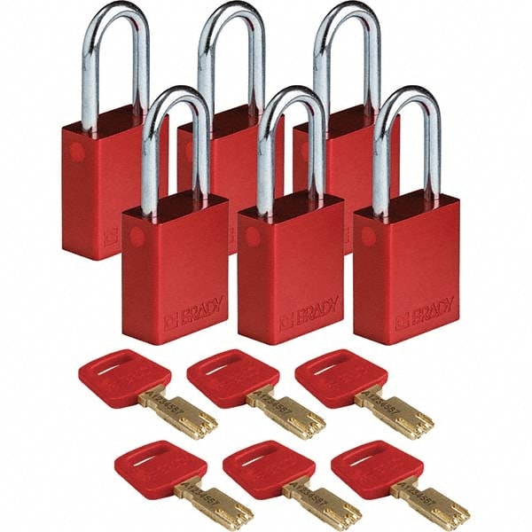 Lockout Padlock: Keyed Alike, Aluminum, Steel Shackle, Red