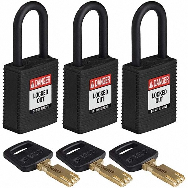 Lockout Padlock: Keyed Alike, Key Retaining, Nylon, Plastic Shackle, Black