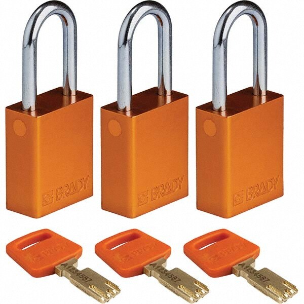 Lockout Padlock: Keyed Alike, Aluminum, Steel Shackle, Orange