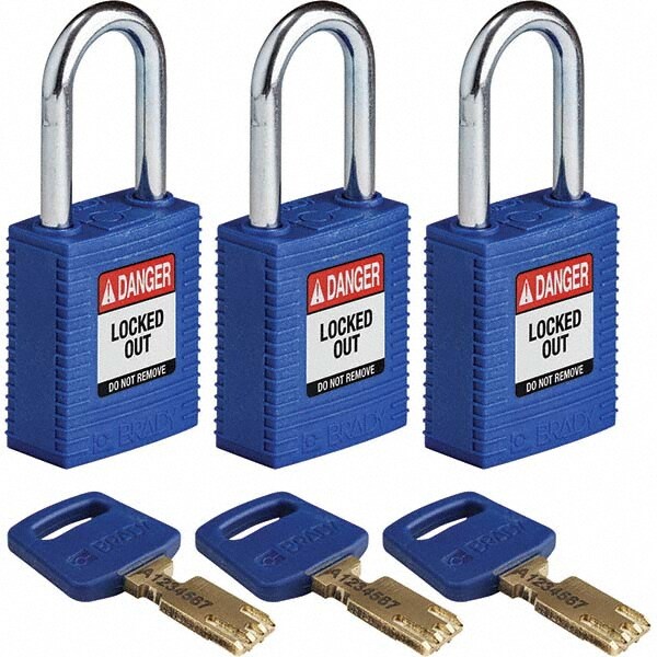 Lockout Padlock: Keyed Alike, Key Retaining, Nylon, Steel Shackle, Blue
