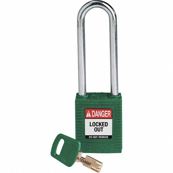 Lockout Padlock: Keyed Alike & Keyed Different, Key Retaining, Nylon, 3" High, Plastic & Steel Shackle, Green