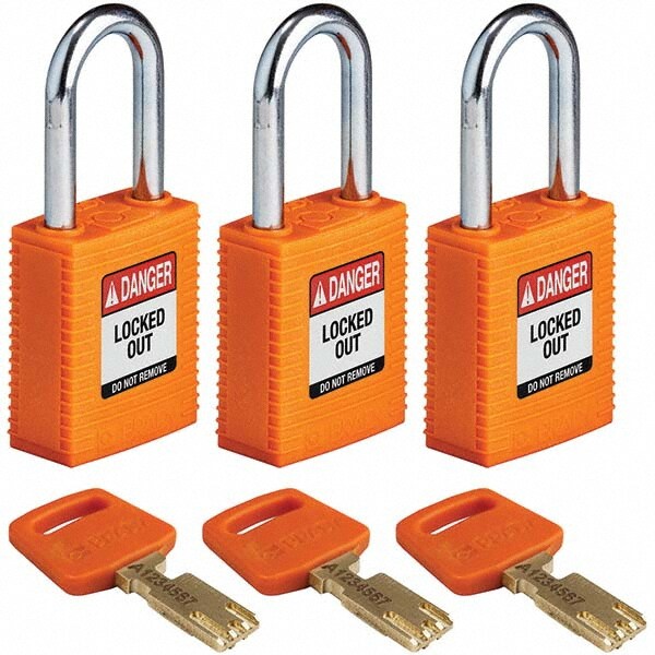 Lockout Padlock: Keyed Alike, Key Retaining, Nylon, Steel Shackle, Orange