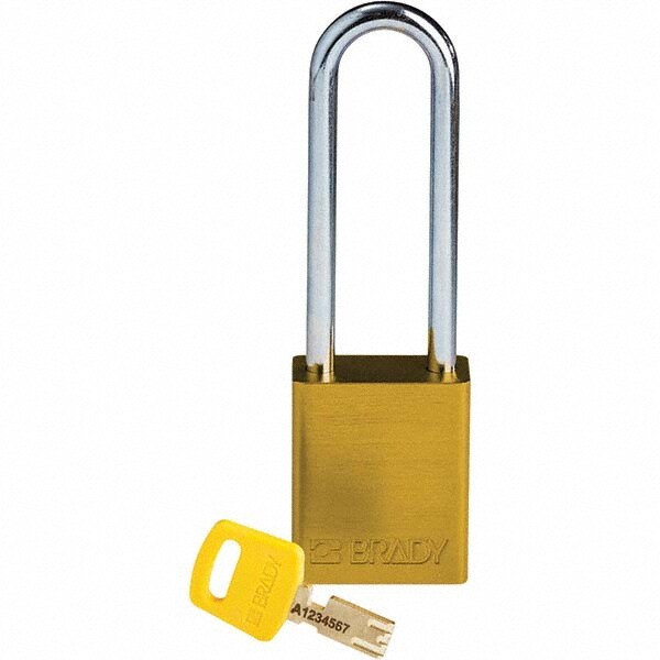 Lockout Padlock: Keyed Different, Aluminum, 3" High, Steel Shackle, Yellow