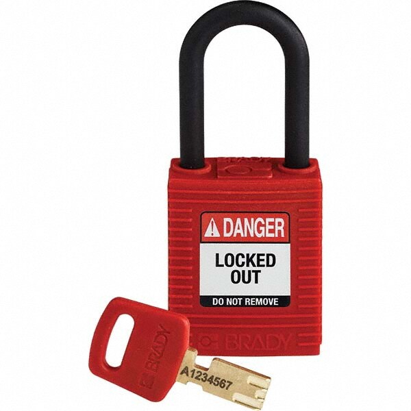 Lockout Padlock: Keyed Different, Key Retaining, Nylon, Plastic Shackle, Red