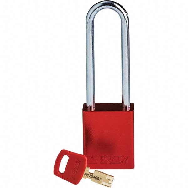 Lockout Padlock: Keyed Different, Aluminum, 3" High, Steel Shackle, Red
