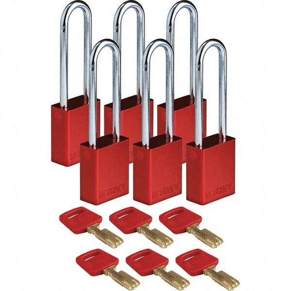 Lockout Padlock: Keyed Different, Aluminum, 3" High, Steel Shackle, Red
