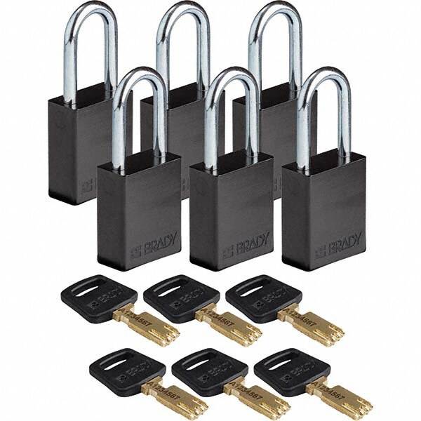 Lockout Padlock: Keyed Alike, Aluminum, Steel Shackle, Black