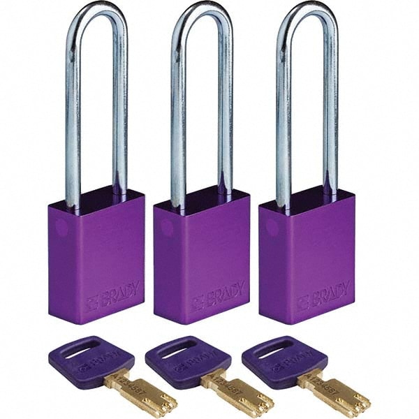 Lockout Padlock: Keyed Alike, Aluminum, 3" High, Steel Shackle, Purple