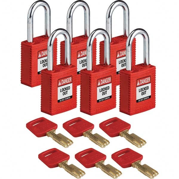 Lockout Padlock: Keyed Different, Key Retaining, Nylon, 0.8" High, Steel Shackle, Red