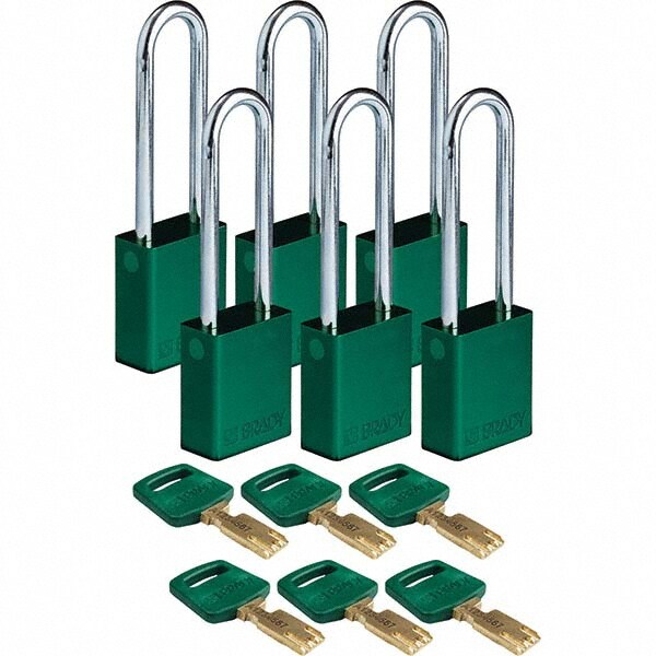 Lockout Padlock: Keyed Alike, Aluminum, 3" High, Steel Shackle, Green