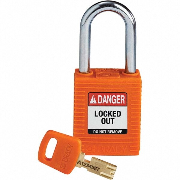Lockout Padlock: Keyed Different, Key Retaining, Nylon, Steel Shackle, Orange