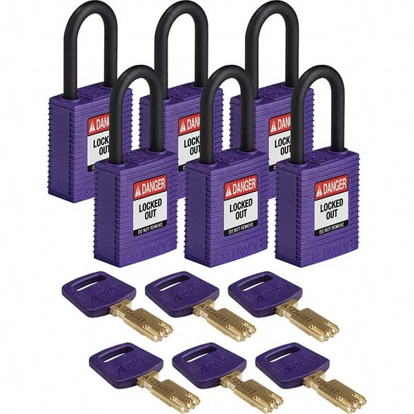 Lockout Padlock: Keyed Alike & Keyed Different, Key Retaining, Nylon, Plastic & Steel Shackle, Purple