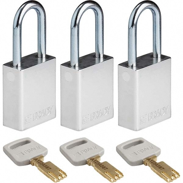Lockout Padlock: Keyed Alike, Aluminum, Steel Shackle, Silver