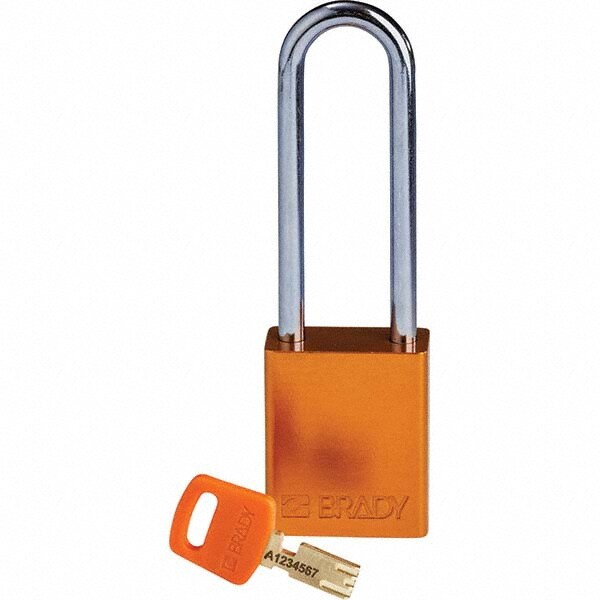 Lockout Padlock: Keyed Different, Aluminum, 3" High, Steel Shackle, Orange