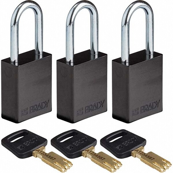 Lockout Padlock: Keyed Alike, Aluminum, Steel Shackle, Black