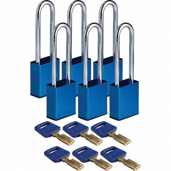 Lockout Padlock: Keyed Alike, Aluminum, 0.8" High, Steel Shackle, Blue