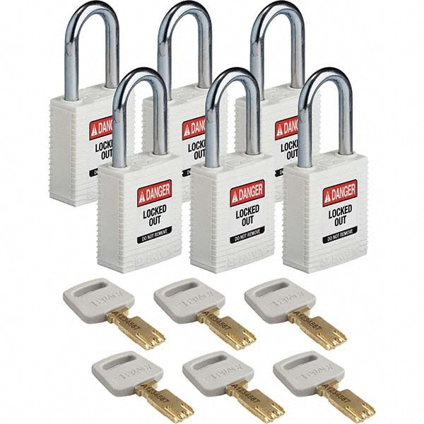 Lockout Padlock: Keyed Alike, Key Retaining, Nylon, Steel Shackle, White