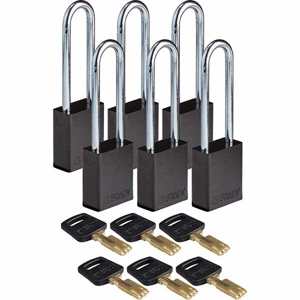 Lockout Padlock: Keyed Alike, Aluminum, 0.8" High, Steel Shackle, Black