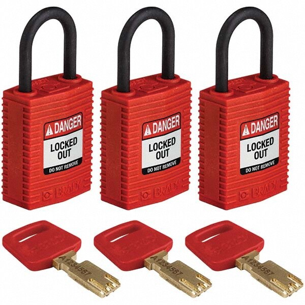 Lockout Padlock: Keyed Alike, Nylon, 0.7" High, Plastic Shackle, Red