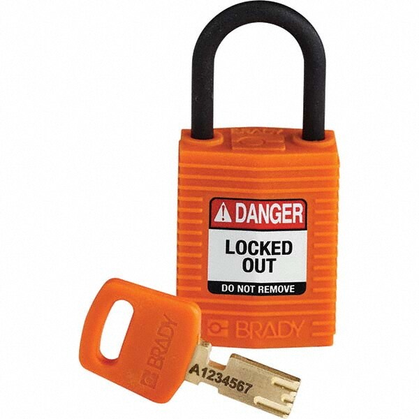 Lockout Padlock: Keyed Different, Nylon, 0.7" High, Plastic Shackle, Orange