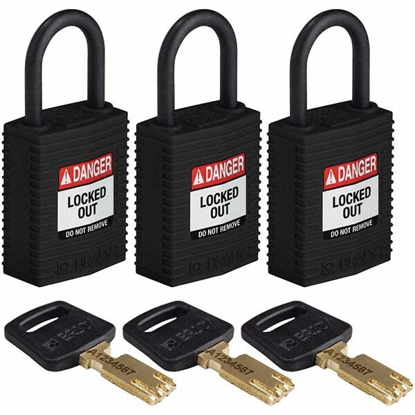 Lockout Padlock: Keyed Alike, Nylon, 0.7" High, Plastic Shackle, Black