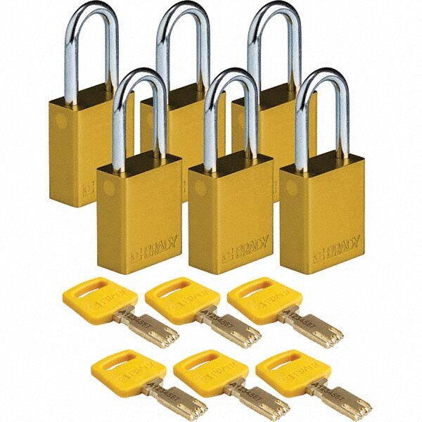 Lockout Padlock: Keyed Different, Aluminum, 0.8" High, Steel Shackle, Yellow