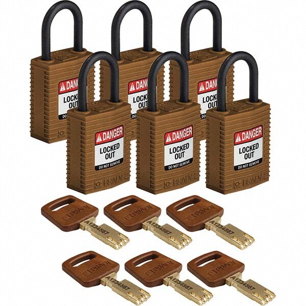 Lockout Padlock: Keyed Alike, Nylon, 0.7" High, Plastic Shackle, Brown