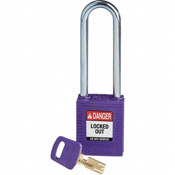 Lockout Padlock: Keyed Different, Key Retaining, Nylon, 0.8" High, Steel Shackle, Purple