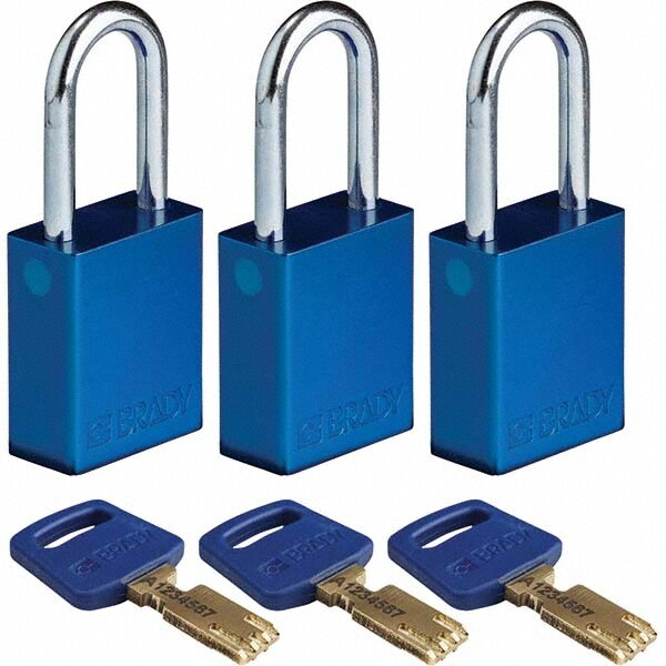 Lockout Padlock: Keyed Alike, Aluminum, 0.8" High, Steel Shackle, Blue
