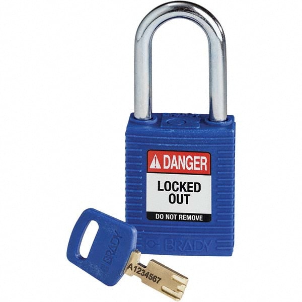 Lockout Padlock: Keyed Different, Key Retaining, Nylon, 0.8" High, Steel Shackle, Blue