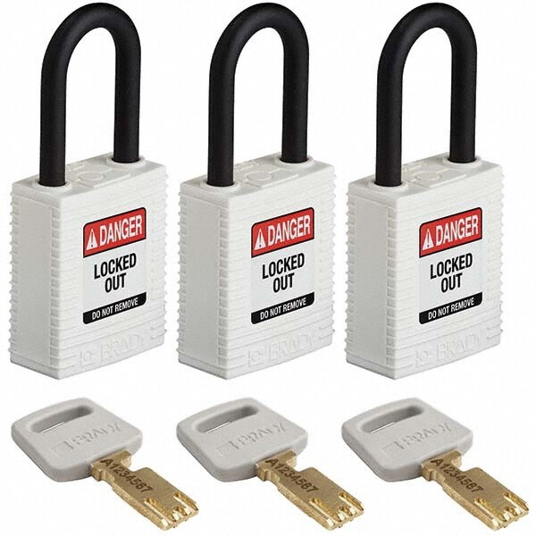 Lockout Padlock: Keyed Alike, Key Retaining, Nylon, 0.8" High, Plastic Shackle, White