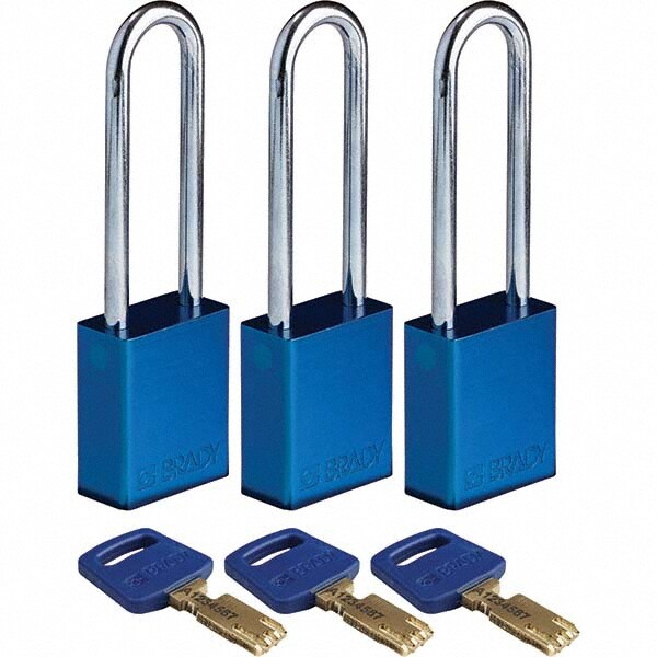 Lockout Padlock: Keyed Alike, Aluminum, 0.8" High, Steel Shackle, Blue