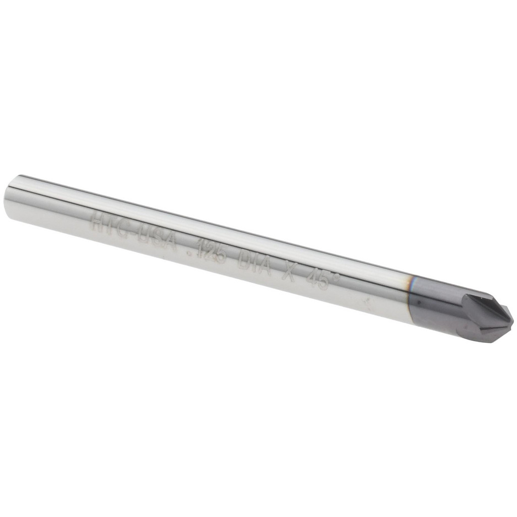 Harvey Tool Chamfer Mill: 1/8" Dia, 90 deg, 4 Flute, 1/8" Shank Dia, Solid Carbide, Single End - 1-1/2" OAL, AlTiN Coated | Part #866145-C3