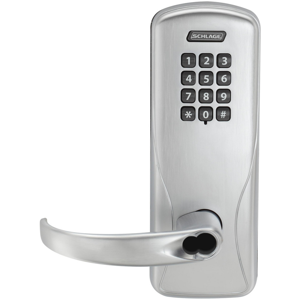 Schlage Electronic Lever Locksets: Lockset Type: Classroom; Key Type: Keyed Different; Back Set: 2-3/4; Cylinder Type: Less Core