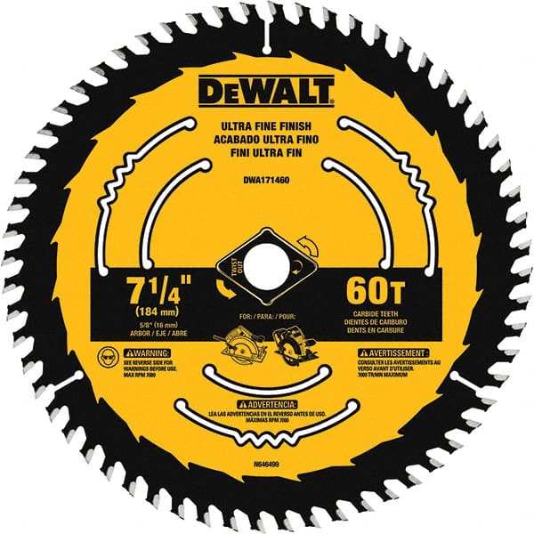 Dewalt DWA171460 Wet & Dry Cut Saw Blade: 7-1/4" Dia, 5/8" Arbor Hole, 0.065" Kerf Width, 60 Teeth 