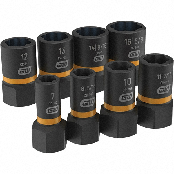 Bolt Extractor: 8 Pc - Includes 7 mm, 8 mm (5/16"),10 mm, 11 mm (7/16"),12 mm, 13 mm (1/2"),14 mm (9/16"),16 mm (5/8")