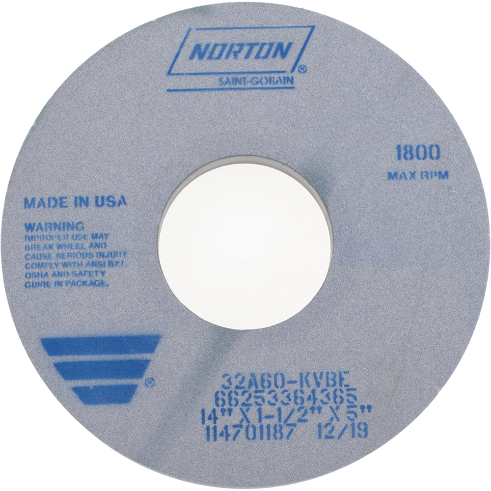 Surface Grinding Wheel: 14" Dia, 1-1/2" Thick, 5" Arbor, 60 Grit - Type 5, Aluminum Oxide, Vitrified Bond, Medium Grade