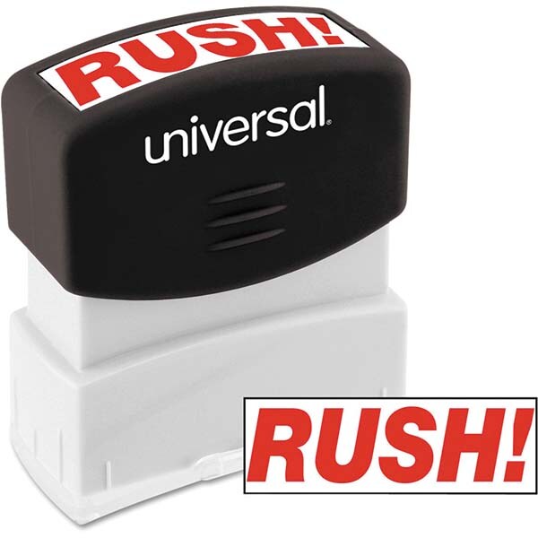 Pre-inked Stock Stamps; Type: Message ; Message: RUSH ; Color: Red ; Length (Inch): 1.2 ; Width (Inch): 2.3