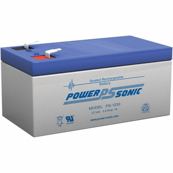 Rechargeable Lead Battery: 12V, 3.40 Ah, Quick-Disconnect Terminal - 2.64" OAW, 2.36" OAH, 5.24" OAD, 0.187" Tab Width, 0.031" Tab Thickness