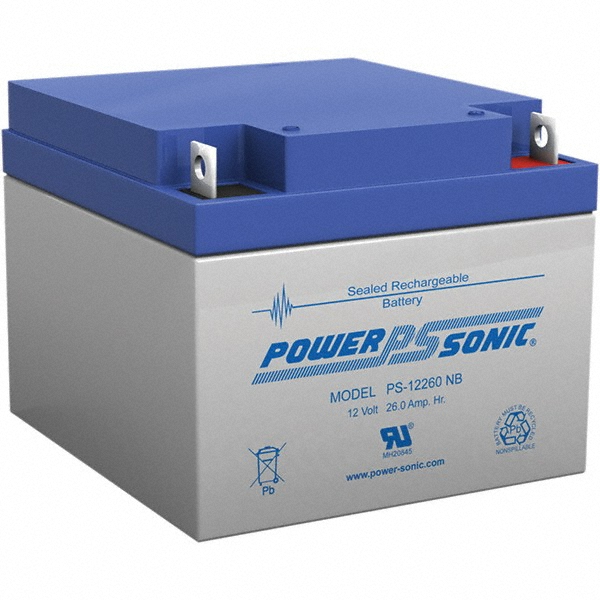 Rechargeable Lead Battery: 12V, 26 Ah, Nut & Bolt Terminal - 6.97" OAW, 4.92" OAH, 6.56" OAD, 0.08" Tab Thickness