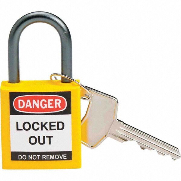 Lockout Padlock: Keyed Different, Key Retaining, Nylon, 1" High, Nylon Shackle, Yellow