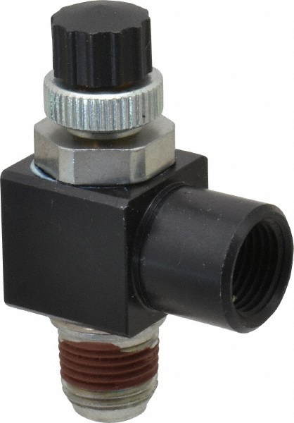 Air Flow Control Valve: Right Angle, NPTM x NPTF, 1/8" Tube OD - Brass, 1/8 Male, 1/8 Female
