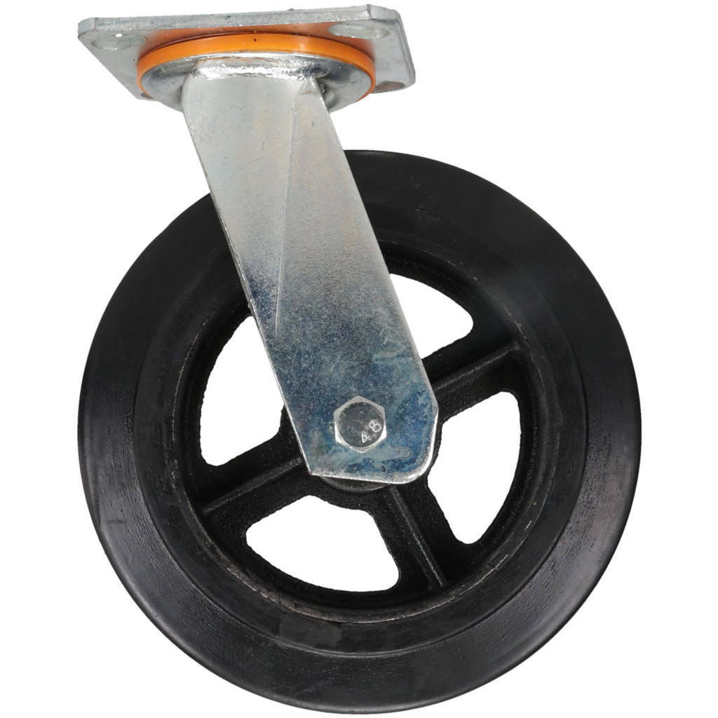 PRO-SOURCE Swivel Top Plate Caster: Rubber, 8" Dia, 2" Wide, 9-1/2" OAH - 4-3/5 x 3-9/10" Plate | Part #PRO-AS2436S-004