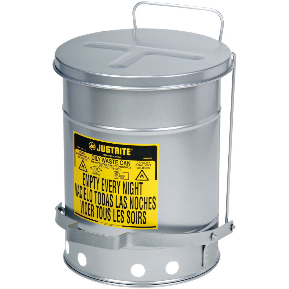 Oily Waste Cans & Receptacles; Capacity (Gal.): 10.000 ; Opening Style: Foot Operated ; Color: Silver ; Material: Steel ; Height (Inch): 18.25 ; Height (Decimal Inch): 18.000000