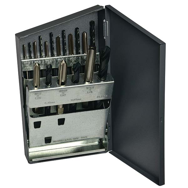 Tap & Drill Set: M2.5 x 0.45 to M12 x 1.75 Taps, 2.05 to 10.2 mm Drills - High Speed Steel, Bright Finish, Plug Chamfer, 18 pc