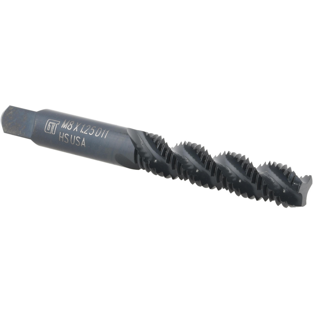 Spiral Flute Tap: M8x1.25 Metric, 3 Flutes, Modified Bottoming, High Speed Steel, Bright/Uncoated