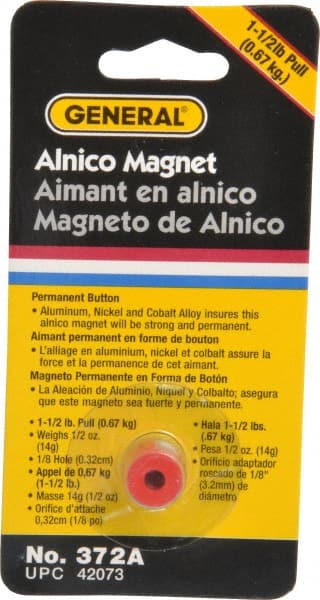 1/2" Diam, 1/8" Hole Diam, 1-1/2 Lb Max Pull Force Alnico Button Magnet